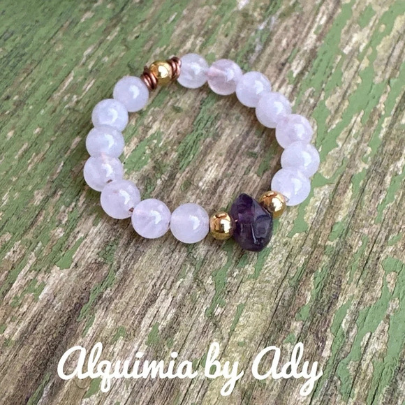 Pink Quartz amethyst beaded handmade dainty ring band - Picture 2 of 8